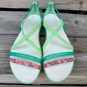 CROCS Isabella Sandals Green Strappy Lightweight Pink Laser Cut Leaves 205150